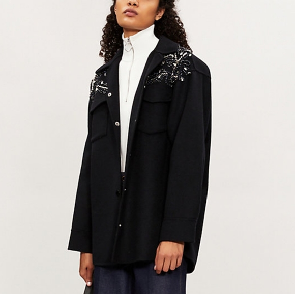 Sandro Versaille Embellished Sequined Wool Blend Black Jacket in Noir Small - Picture 3 of 16